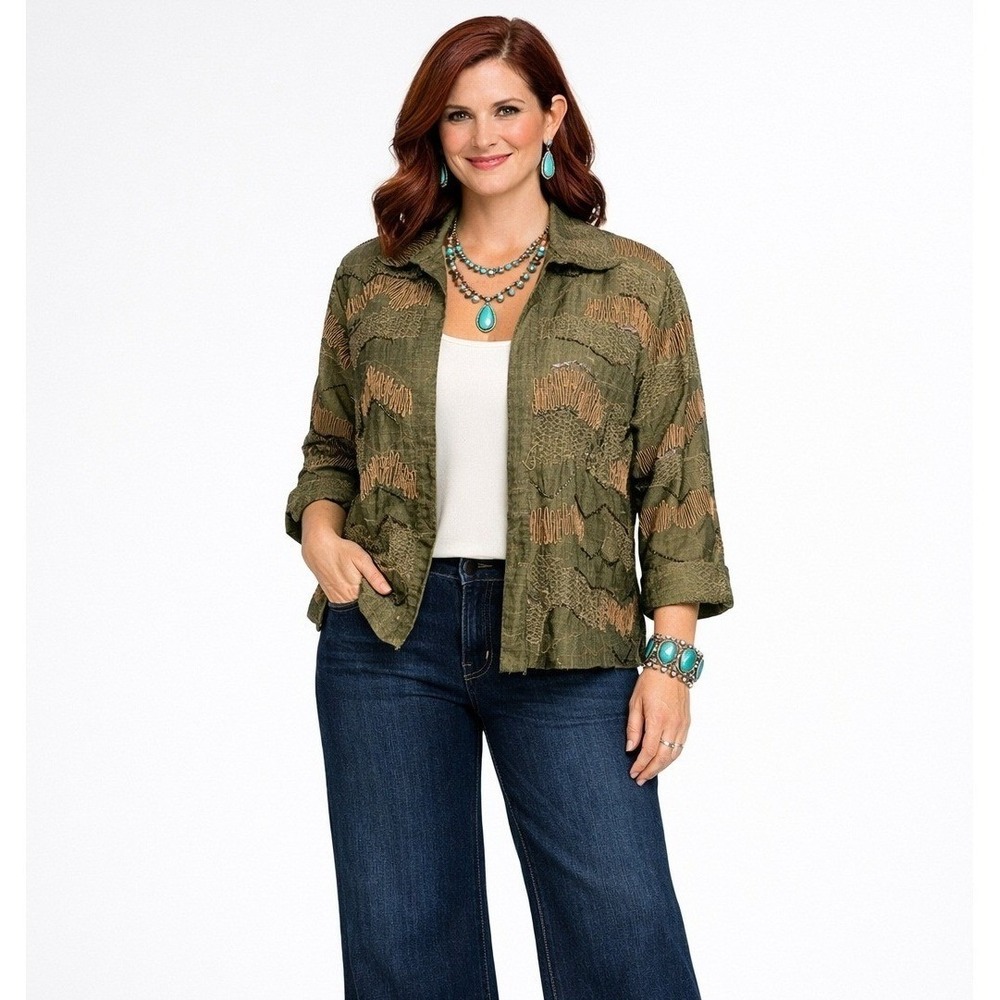 Chico's Embroidered Silk Blend Cardigan Womens Medium Boho Artsy Chic Sequin